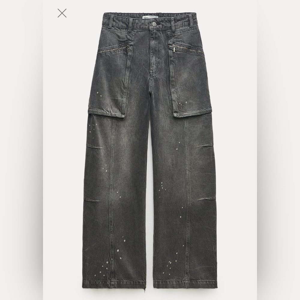 Zara Grey Relaxed Cargo Barrel Jeans